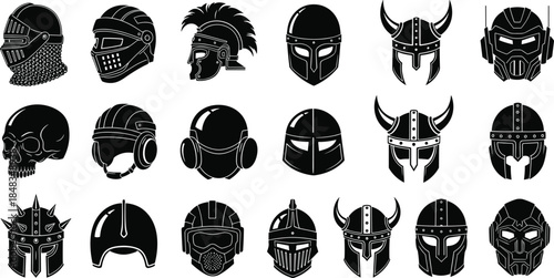 Collection of various helmet silhouettes including knight, viking, tactical, and futuristic designs for cad drawing flat vector illustration, isolated set