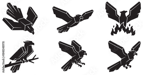 Collection of stylized black eagle or phoenix icons in various poses, representing power and freedom.