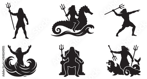 Collection of mythological figures, gods, and creatures associated with the sea, depicted in silhouette.