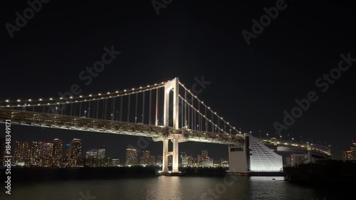 Rainbow Bridge and Tokyo Odaiba Night Skyline Seen from a Ferry to Izu Oshima, Tokyo, Japan