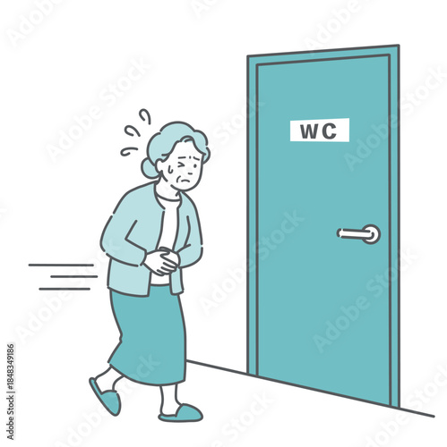 トイレに駆け込む高齢女性のイラスト（腹痛・下痢・便意・頻尿）