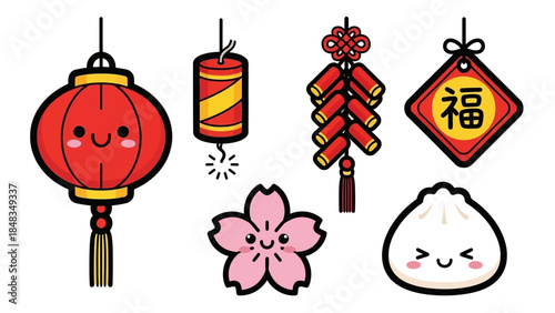 A collection of cute, kawaii-style Chinese New Year decorations including a lantern, firecrackers, a good luck charm, a cherry blossom, and a dumpling.