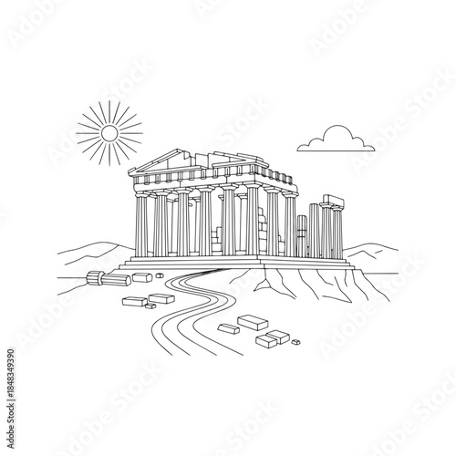 Parthenon temple coloring page vector illustration. Ancient Greek landmark line art sketch in Athens with ruins and sun. Historical architecture outline for activity book