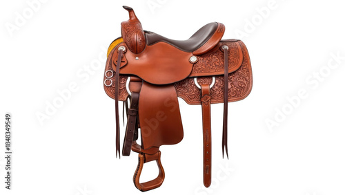 A high-quality brown leather saddle with intricate designs on a white background is showcased from the side.