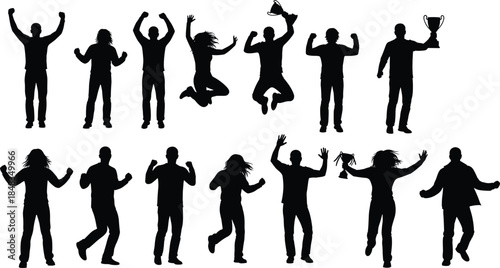 Successful people silhouettes celebrating victory and winning trophies for business or sports achievement in cad drawing flat vector illustration, set