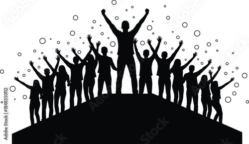 Successful people silhouettes celebrating victory on mountain top with bubbles for business achievement and cad drawing flat vector illustration, set