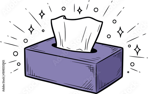 Cute tissue box illustration with paper tissue hand drawn sketch