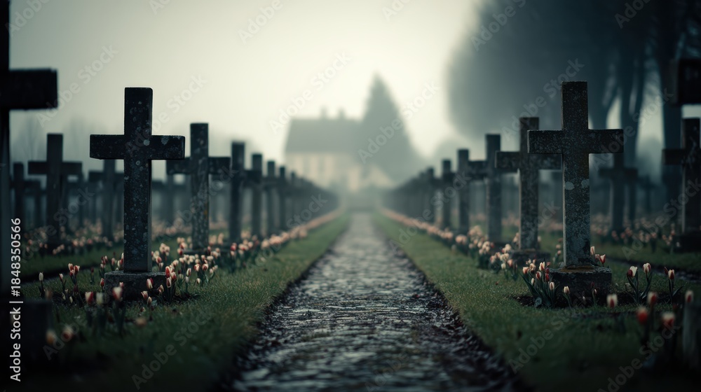Obraz premium A serene cemetery path lined with stone crosses and blooming flowers, enveloped in a mysterious fog, creating a reflective atmosphere.