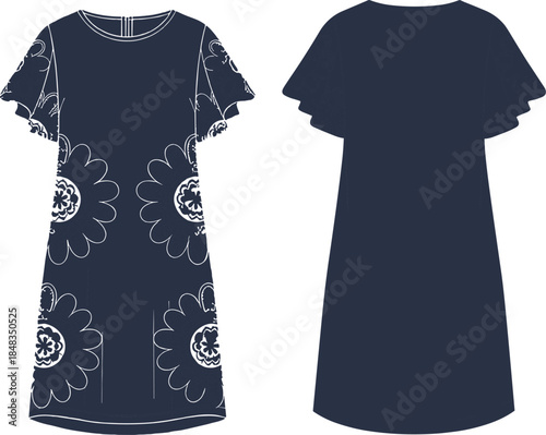 Women floral print dress technical drawing with flutter sleeves and flower pattern for cad drawing flat vector illustration, fashion mockup