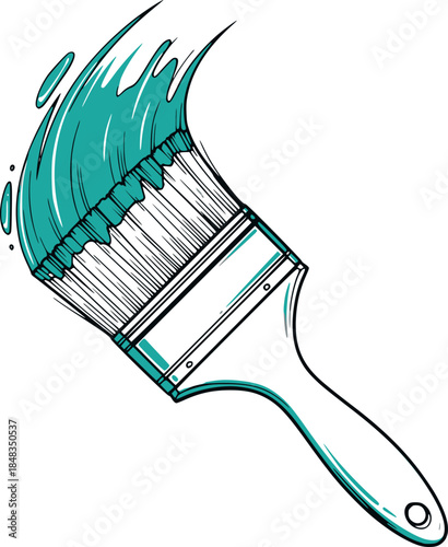 Paint brush icon with teal paint hand drawn outline illustration