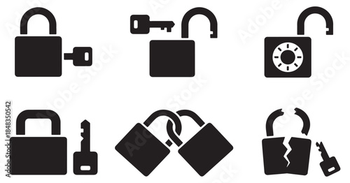 Collection of padlock icons showing locked, unlocked, and broken security symbols with keys.