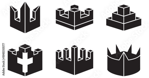 Collection of six stylized black crown icons in isometric view, representing royalty and power.