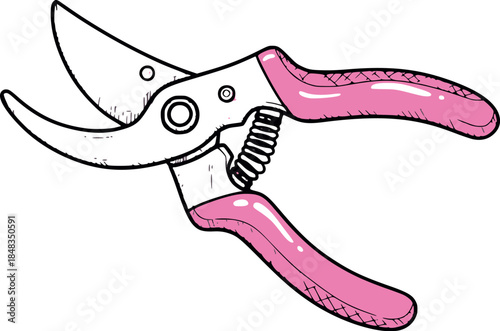 Hand drawn garden pruner illustration with pink handles