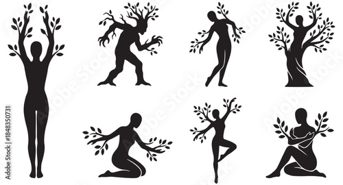 Set of stylized silhouettes of human figures transforming into trees and plants, symbolizing nature and growth.