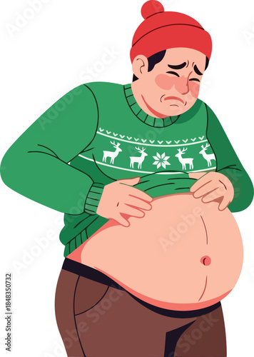 Man holding full belly after holiday overeating funny Christmas flat vector