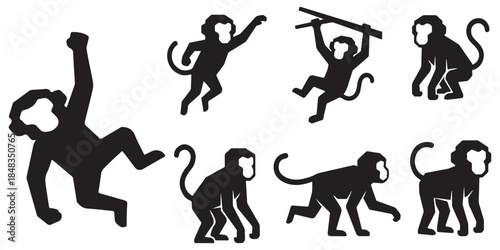Collection of seven black silhouette monkey icons in various playful poses, isolated on a white background.