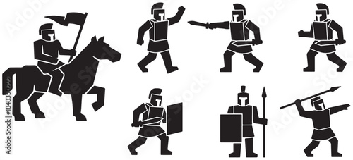 Collection of stylized black silhouette icons representing ancient warriors in various poses and actions, including a cavalryman with a flag.