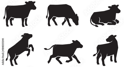 Collection of six black cow silhouettes in various poses on a white background.