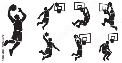 Collection of silhouette illustrations of basketball players performing various dunks and actions on a white background.