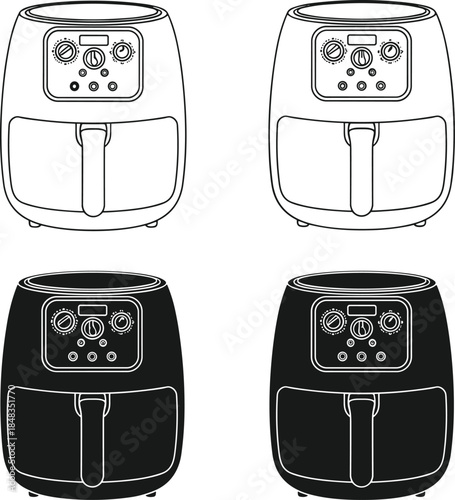 Air fryer kitchen appliance technical drawing with front view and control panel details for cad drawing flat vector illustration, set