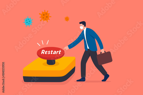 Restart business after Coronavirus COVID-19 lockdown, reopen company employee return to normal operation concept, businessman leader wearing face mask use huge hammer to hit emergency restart button.