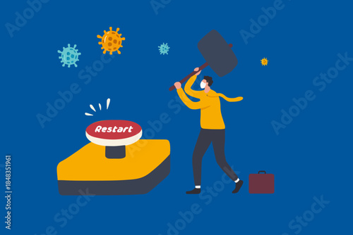 Restart business after Coronavirus COVID-19 lockdown, reopen company employee return to normal operation concept, businessman leader wearing face mask use huge hammer to hit emergency restart button.