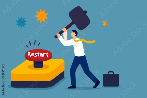 Restart business after Coronavirus COVID-19 lockdown, reopen company employee return to normal operation concept, businessman leader wearing face mask use huge hammer to hit emergency restart button.