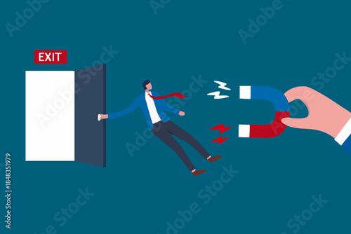Incentive and welfare program for employee retention, building staffs loyalty reduce resignation rate for important talent, boss holding magnet to pull back resigned or leaving employee.