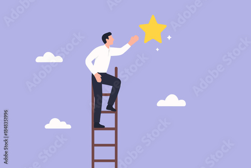 Business opportunity, ladder of success or aspiration to achieve business goal concept, ambitious businessman climbing ladder to the the top and reaching for the shining star.