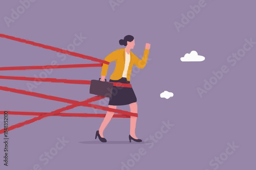 Gender barrier, woman career obstacle or inequality, limitation or discrimination, effort to overcome difficulty concept, strong businesswoman try with full effort to break red tape to growing in work