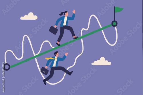 Easy or shortcut way to win business success or hard path and obstacle concept, businessmen competing with smart guy running on straight easy way and other on hard messy path.
