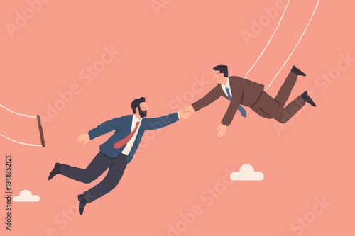 Trust, partnership and support to success in work, collaborate or cooperate teamwork, risk taking, unity or help to achieve target concept, businessman trapeze perform jumping and catch by partner.