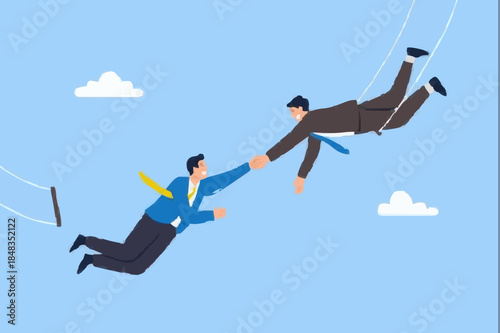 Trust, partnership and support to success in work, collaborate or cooperate teamwork, risk taking, unity or help to achieve target concept, businessman trapeze perform jumping and catch by partner.