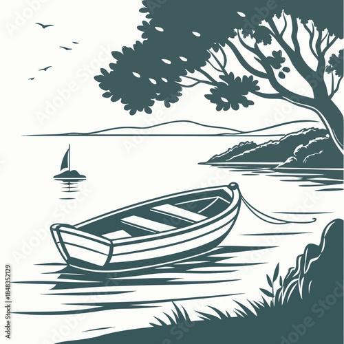 Serene lakeside boat