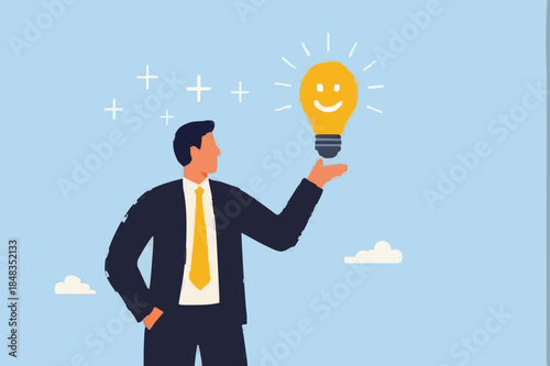 Positive thinking, optimistic mindset or good attitude to success in work, always get idea to solve any problems concept, happy businessman holding smiling lightbulb idea with positive vibes around.