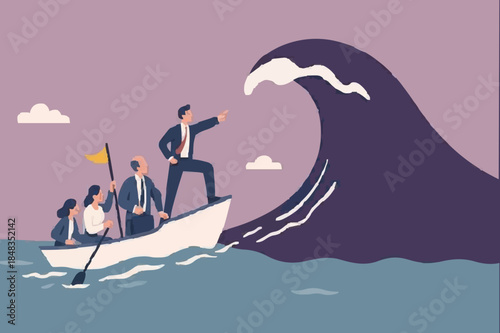Courage and leadership to win business success, teamwork to help survive crisis, challenge or risk taker concept, businessman captain point finger to lead team sailing boat to survive big wave storm.