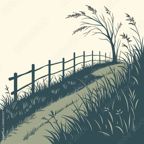 Grassland path with fence