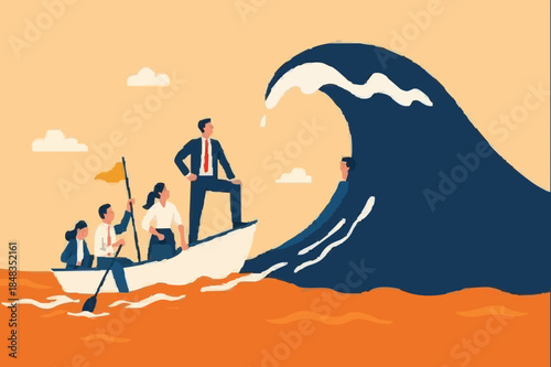 Courage and leadership to win business success, teamwork to help survive crisis, challenge or risk taker concept, businessman captain point finger to lead team sailing boat to survive big wave storm.