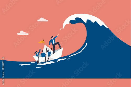 Courage and leadership to win business success, teamwork to help survive crisis, challenge or risk taker concept, businessman captain point finger to lead team sailing boat to survive big wave storm.