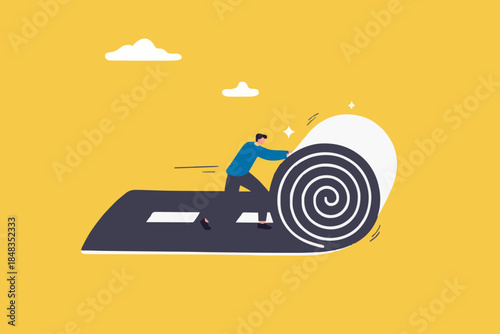 Develop career path or create success way, begin new road to achieve target or entrepreneur plan ahead way their own way concept, confident businessman rolling the road carpet to walk to success.