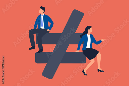 Gender inequality, unequal discrimination on lady or woman such as career, work or social rights issue concept, unequal or not equal sign with businessman on top level and businesswoman on lower level