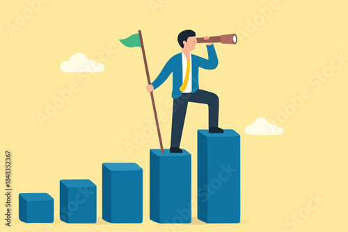 Vision to see next goal, motivation to success, forecast and business prediction, challenge to be better and achieve success concept, confidence businessman step on rise up graph look for next goal.