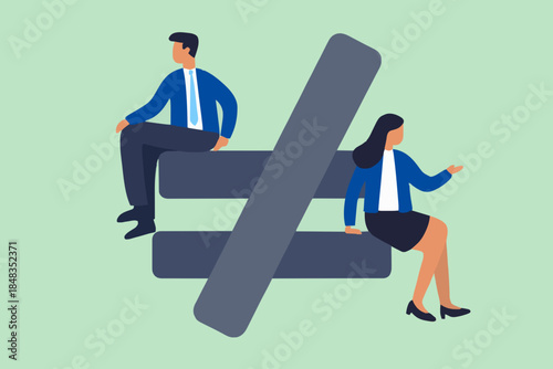Gender inequality, unequal discrimination on lady or woman such as career, work or social rights issue concept, unequal or not equal sign with businessman on top level and businesswoman on lower level