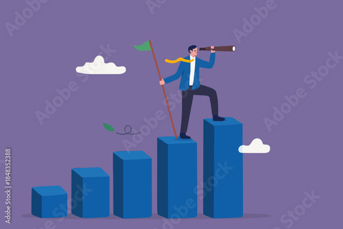 Vision to see next goal, motivation to success, forecast and business prediction, challenge to be better and achieve success concept, confidence businessman step on rise up graph look for next goal.