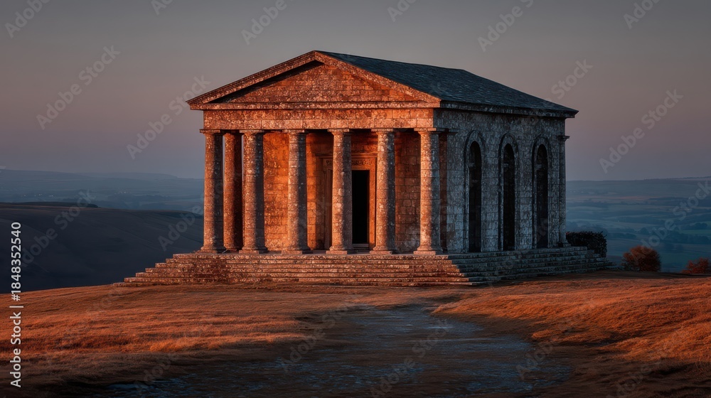 Naklejka premium A stunning ancient temple stands on a hill, bathed in golden light, showcasing classical architecture against a serene landscape.