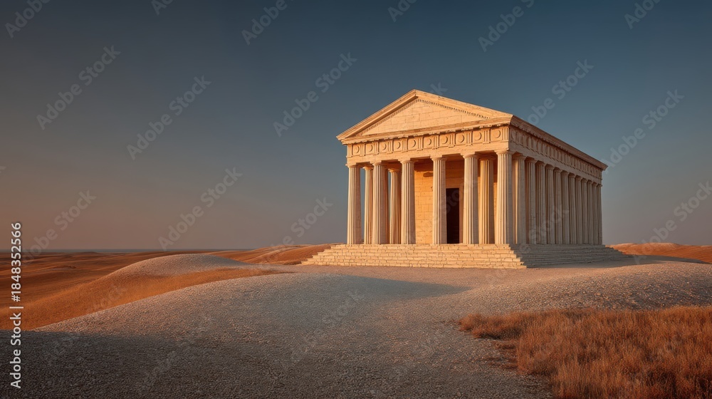 Naklejka premium A solitary ancient temple stands on a sandy landscape, illuminated by warm light, showcasing classical architecture against a serene sky.