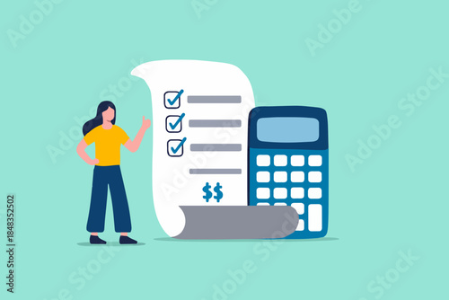 Project cost estimation, calculate budget or resources to finish work, financial plan, invoice or tax, expense or loan concept, businesswoman with calculator estimate cost from project document.