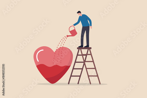 Work passion, motivation to success and win business competition, mindset or attitude to work in we love to do concept, businessman pouring water to fulfill heart shape metaphor of passion.
