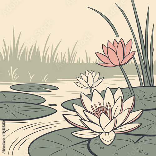 Serene pond with water lilies