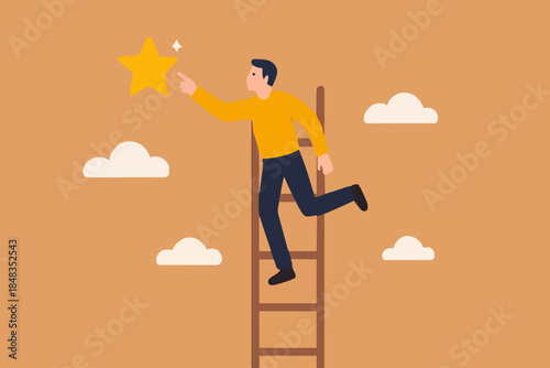 Business opportunity, ladder of success or aspiration to achieve business goal concept, ambitious businessman climbing ladder to the the top and reaching for the shining star.